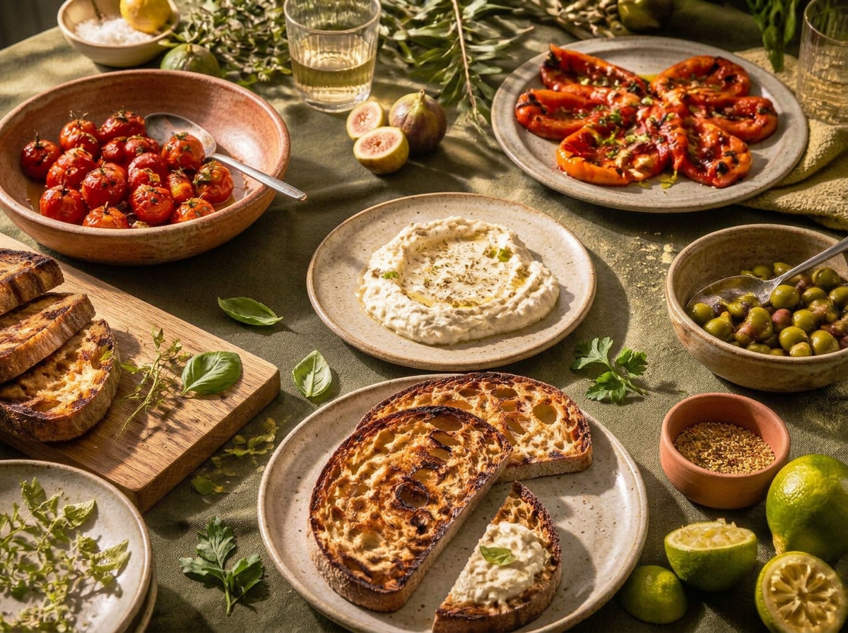 An abundant plant-based table with charred sourdough, roasted tomatoes, figs, olives and herbs on olive linen